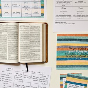 May include: A colorful printable Bible study guide for kids with a Bible, conversation prompts, and a verse about God's love. The guide includes activities like reading, drawing, and memory verses.