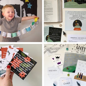 May include: A Christmas advent calendar kit with a variety of activities and crafts. The kit includes a paper chain, cards with bible verses, a coloring page, and a game board. The kit is designed to help children learn about the Christmas story.