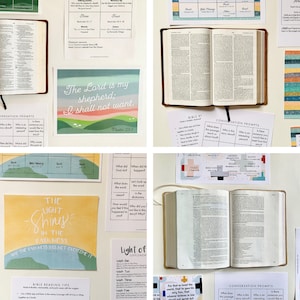 Puede incluir: Una colección de recursos de estudio bíblico imprimibles con ilustraciones y texto coloridos. Los recursos incluyen indicaciones para la conversación, consejos para la lectura de la Biblia y versículos de la Biblia. El texto incluye "El Señor es mi pastor; nada me faltará." y "Porque tanto amó Dios al mundo, que dio a su Hijo unigénito, para que todo aquel que en él cree, no se pierda, mas tenga vida eterna."