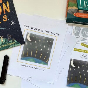 May include: A set of printable educational materials for a children's Sunday school lesson about the Bible verse John 1:1-5. The materials include a title page with the text "The Word & The Light" and an illustration of a crescent moon, stars, and the Earth with rays of light. There are also printable activity sheets with the same illustration and the text "Read John 1:1-5".