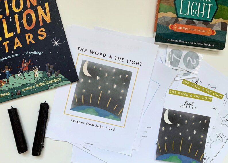 May include: A set of printable educational materials for a children's Sunday school lesson about the Bible verse John 1:1-5. The materials include a title page with the text "The Word & The Light" and an illustration of a crescent moon, stars, and the Earth with rays of light. There are also printable activity sheets with the same illustration and the text "Read John 1:1-5".