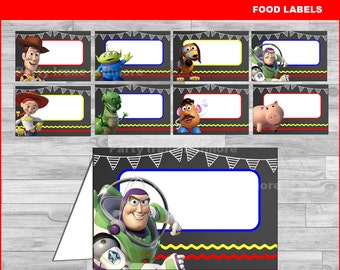 Toy Story voedseletiketten Direct downloaden, Toy Story schoolbord voedseltentkaarten, Toy Story feestvoedseletiketten