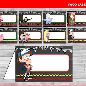 Gravity Falls voedseletiketten Direct downloaden, Gravity Falls schoolbord voedseltentkaarten, Gravity Falls feestvoedseletiketten