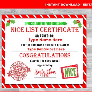 nice list certificate santa claus north pole elf christmas certificate instant download - Christmas Card List nice list certificate santa claus north pole elf christmas certificate instant download - Christmas Card List