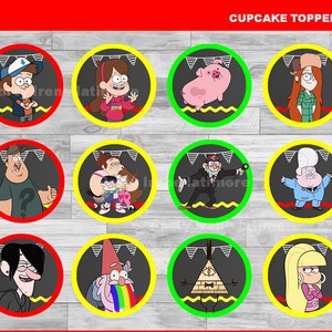 May include: Twelve round cupcake toppers featuring characters from the animated series Gravity Falls. The toppers are printed on black backgrounds with yellow and green borders. The characters include Dipper Pines, Mabel Pines, Stan Pines, Ford Pines, Waddles the pig, Grunkle Stan, Soos, Wendy Corduroy, Bill Cipher, and the gnome.