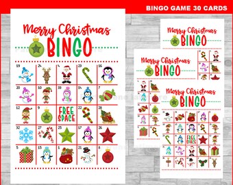 May include: A set of 30 printable Christmas bingo cards with a red, green, and white color scheme. Each card features a variety of Christmas-themed images, including a snowman, a penguin, a reindeer, a candy cane, a star, a Christmas tree, a stocking, a gift, and a Santa Claus. The cards are labeled "Merry Christmas Bingo".