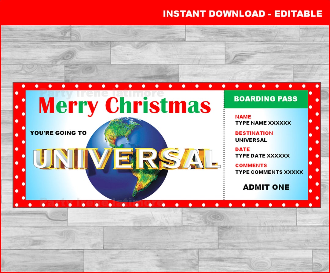 Printable Christmas UNIVERSAL STUDIOS Surprise Trip Ticket, Universal Gift Ticket, Boarding Pass ...
