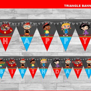 May include: A triangle banner with the words "Happy Birthday!" in red and blue letters. The banner features characters from the children's television show "Super Why!" including Whyatt, Princess Pea, and the characters from the fairy tale "Little Red Riding Hood".