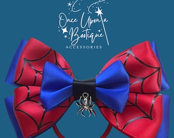 Spiderman Hair Bow – Red & Blue Satin, Silver Spider Charm