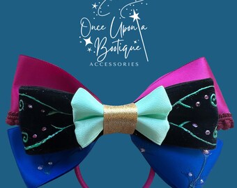 Anna Frozen Inspired Hair Bow - Satin, Hand Painted Velvet, & Gold Trim