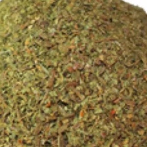 May include: A close-up of dried herbs, mainly green with flecks of brown and red. The texture is rough and fragmented, indicating a mix of dried leaves and stems. Ideal for culinary or herbal product listings, this image shows the herbs in detail.