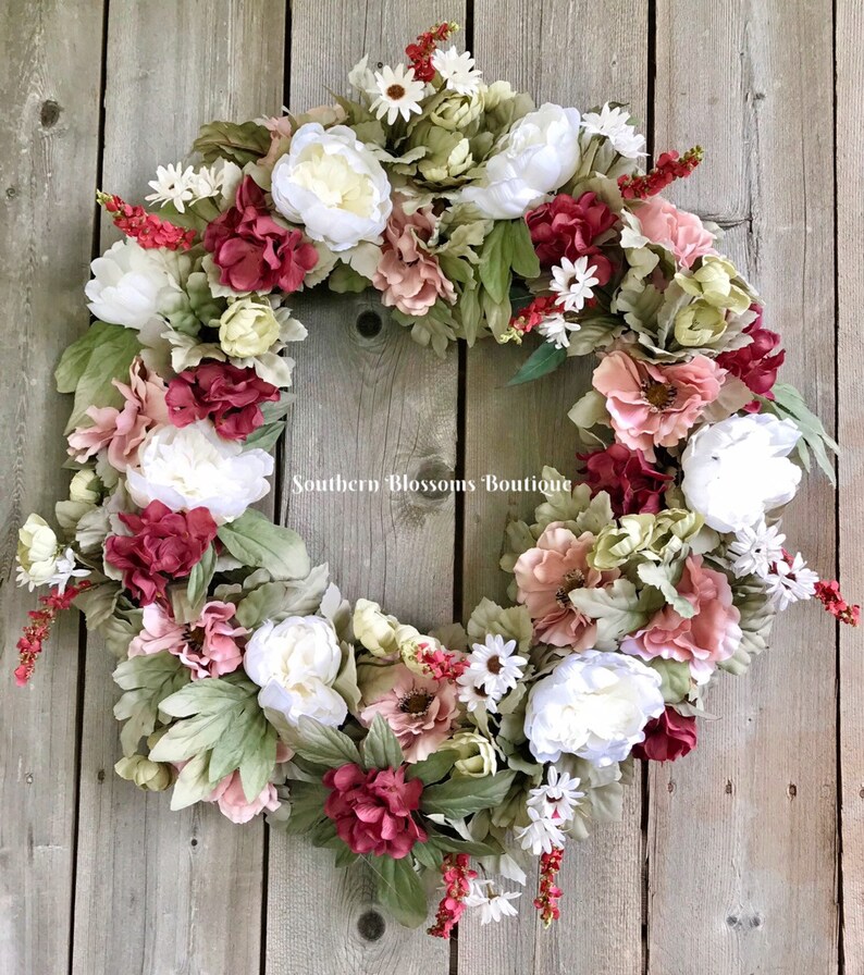 pink Floral wreath Gift for Her Farmhouse Decor Wedding Wreath Summer Floral Wreath Everyday Wreath for front door Modern Farmhouse