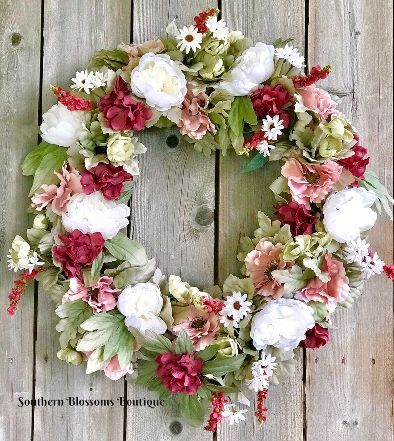pink Floral wreath Gift for Her Farmhouse Decor Wedding Wreath Summer Floral Wreath Everyday Wreath for front door Modern Farmhouse