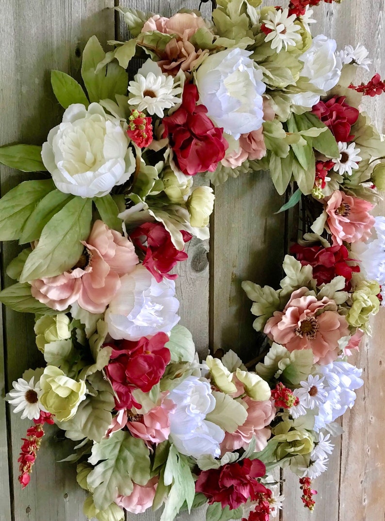 pink Floral wreath Gift for Her Farmhouse Decor Wedding Wreath Summer Floral Wreath Everyday Wreath for front door Modern Farmhouse