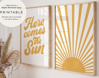 Here Comes The Sun, PRINTABLES Set of 2, Sunrise Wall Art, Mustard Yellow 70's Retro Decor, Digital DOWNLOAD Print Jpg