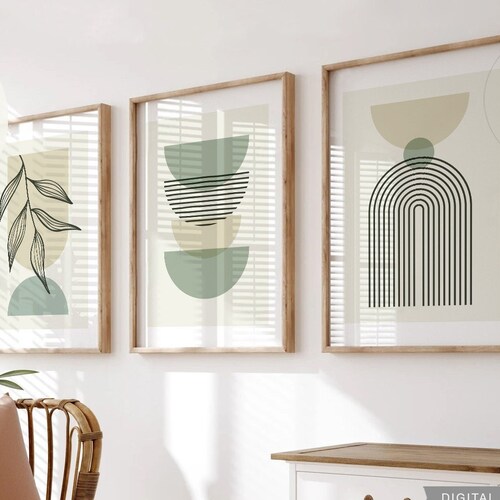Set of 3 Sage Green Wall Art Prints Abstract Green White Etsy