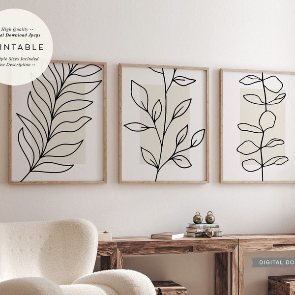 Botanical Leaves Set Of 3 PRINTABLES, Large Minimalist Boho Leaf Plants, Neutral Beige Line Art Wall Decor, Digital DOWNLOAD Print Jpgs