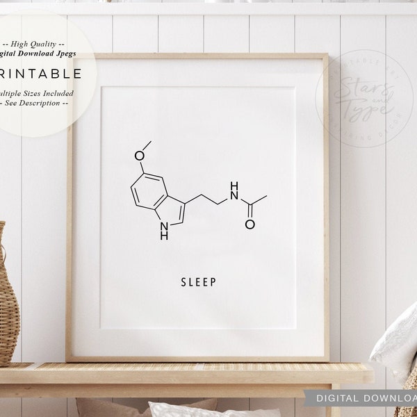 Molecola di melatonina del sonno, arte della parete STAMPABILE, sogni d'oro, arredamento della camera da letto della buonanotte, arredamento di chimica scientifica, DOWNLOAD digitale stampa Jpegs