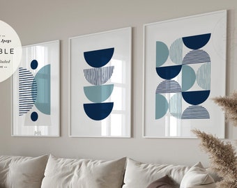 Geometric Shapes PRINTABLES Set of 3, Navy Light Blue Colors Mid Century Modern Abstract Art Decor, Digital DOWNLOAD Print Jpegs