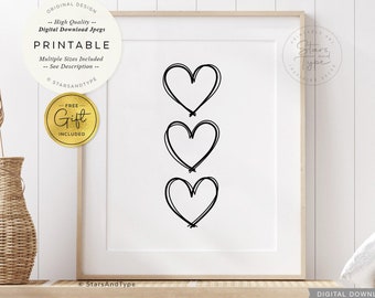 Hearts, PRINTABLE Wall Art, 3 Love Hearts Bedroom Decor, Scribble Hand drawn Line Art Style, Digital DOWNLOAD Print Jpg