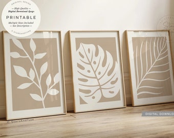 Bladeren beige bruin, PRINTABLES set van 3, abstracte botanische kunst, digitale DOWNLOAD print jpg
