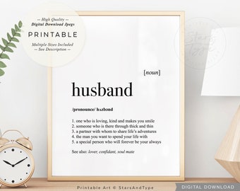 Husband Definition, PRINTABLE Art, Wedding Anniversary Couples Love Gift Decor, Dictionary Meaning, Digital DOWNLOAD Print Jpg