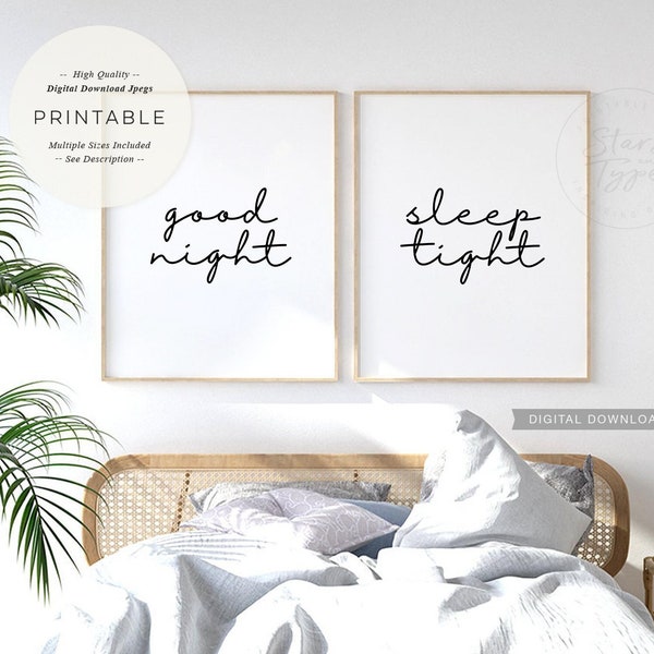 Good Night Sleep Tight, PRINTABLE Wall Art Set of 2, Above Bed Bedroom Quote Sign, Sweet Dreams, Instant Digital DOWNLOAD Print Jpegs