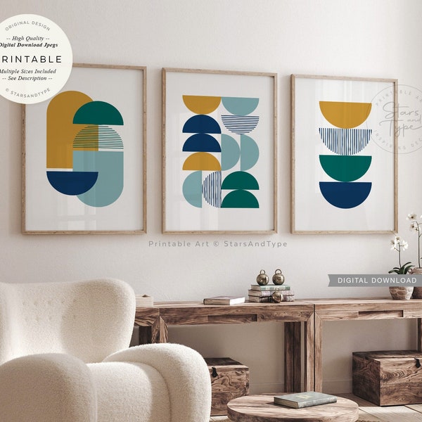 Geometric Shapes PRINTABLES Set of 3, Teal Green Mustard Yellow Navy Blue Jewel Colors Art Decor, Digital DOWNLOAD Print Jpgs