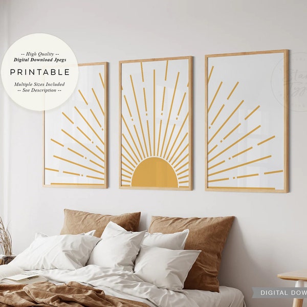 Sunrise PRINTABLES Set of 3, Geometric Modern Minimalist Boho Art, Three Piece Yellow Sunrays Decor, Digital DOWNLOAD Print Jpgs