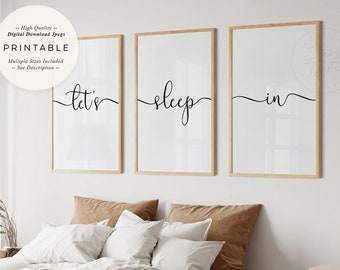 Lets Sleep In, Set of 3 Wall Art PRINTABLES, Above Bed Bedroom Decor, Sleep Quote, Instant Digital DOWNLOAD Print Jpegs