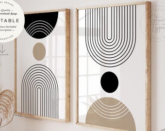 Geometric arches, PRINTABLE Art Set, Mid Century Black Beige Decor, Digital DOWNLOAD Print Jpgs