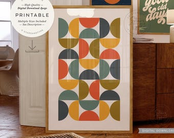 Retro halfcirkelpatroon AFDRUKBARE kunst, moderne, moderne, digitale DOWNLOAD uit het midden van de eeuw, jpg