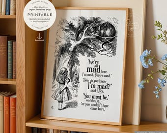 We're All Mad Here, PRINTABLE Art, Cheshire Cat Wonderland Quote, Digital DOWNLOAD Print Jpg