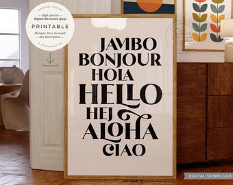 Hello Languages, Greetings, Bonjour Hej Ciao Hola Jambo, PRINTABLE Art, Digital DOWNLOAD Print Jpg