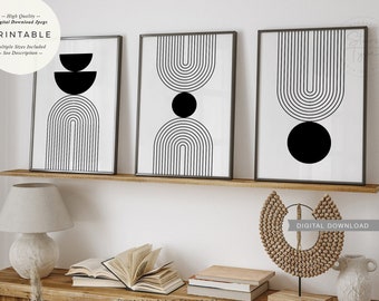 Abstracte geometrische bogen, PRINTABLES Set van 3, Zwart-wit Mid Century Modern, Minimalistisch Wall Art Decor, Digitale DOWNLOAD Print Jpgs