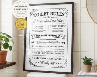 Toilet Rules, PRINTABLE Wall Art, Above Loo Vintage Bathroom Decor, Digital DOWNLOAD Print Jpg