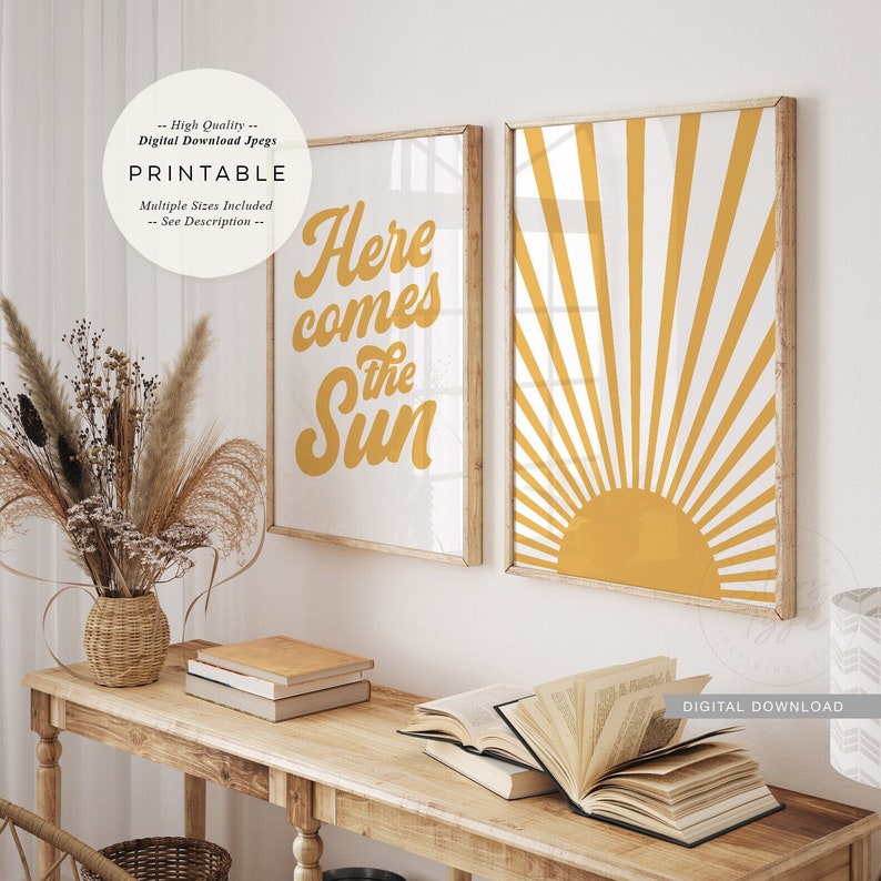 Here Comes The Sun, PRINTABLES Set of 2, Sunrise Wall Art, Mustard Yellow 70's Retro Decor, Digital DOWNLOAD Print Jpg image 1