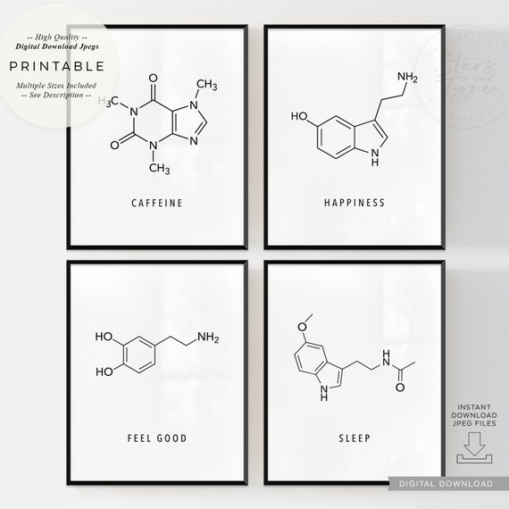 Molecules Set of 4 Art PRINTABLES, Caffeine Happiness Sleep, Serotonin  Melatonin Dopamine Science Decor, Digital DOWNLOAD Print Jpg 