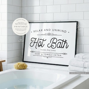 Hot Bath, PRINTABLE Wall Art, Vintage Bathroom Black White Decor, Digital DOWNLOAD Print Jpg