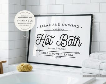 Hot Bath, PRINTABLE Wall Art, Vintage Bathroom Black White Decor, Digital DOWNLOAD Print Jpg