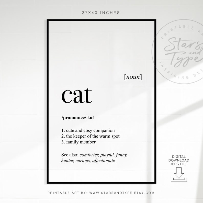 Cat Definition Dictionary Meaning PRINTABLE Art Cat Pet Etsy