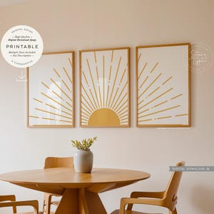 Sunrise PRINTABLES Set of 3, Geometric Modern Minimalist Boho Art, Three Piece Yellow Sunrays Decor, Digital DOWNLOAD Print Jpgs