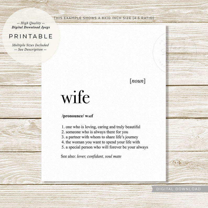 Wife Definition, PRINTABLE Art Decor, Dictonary Meaning, Wedding