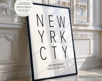 New York City, PRINTABLE Wall Art, NYC Name, Map Coordinates, Digital DOWNLOAD Print Jpg
