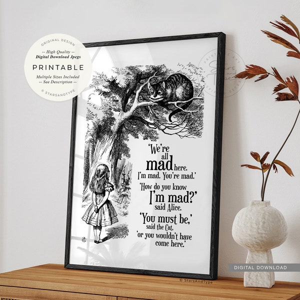 We're All Mad Here, I'm Mad You're Mad, PRINTABLE Wall Art, Alice In Wonderland Quote, Cheshire Cat In Tree, Digital DOWNLOAD Print Jpg