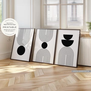 Arcos geométricos abstractos, juego de 3 imprimibles, decoración de pared minimalista moderna de mediados de siglo en blanco y negro, descarga digital, impresión en formato JPG