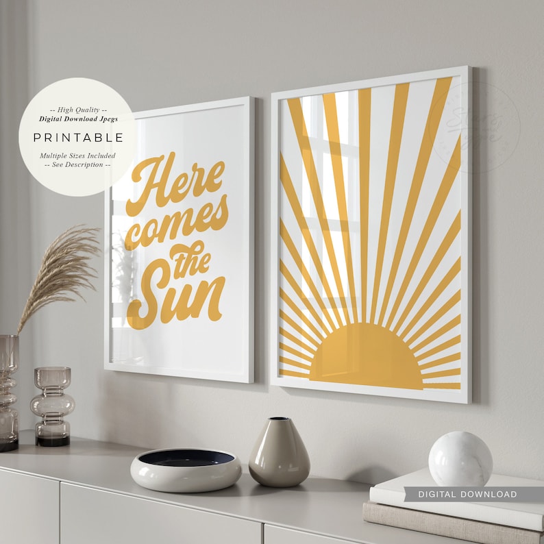 Here Comes The Sun, PRINTABLES Set of 2, Sunrise Wall Art, Mustard Yellow 70's Retro Decor, Digital DOWNLOAD Print Jpg image 4