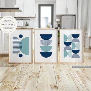 Geometric Shapes PRINTABLES Set of 3, Navy Light Blue Colors Mid Century Modern Abstract Art Decor, Digital DOWNLOAD Print Jpegs