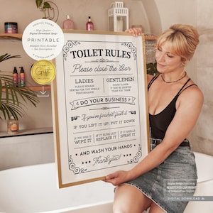 Toilet Rules, PRINTABLE Wall Art, Above Toilet Loo Sign, Fun Vintage Retro Bathroom Decor, Digital DOWNLOAD Print Jpg