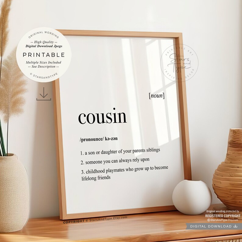 Cousin Definition, PRINTABLE Art, Cousin Birthday Gift, Dictionary